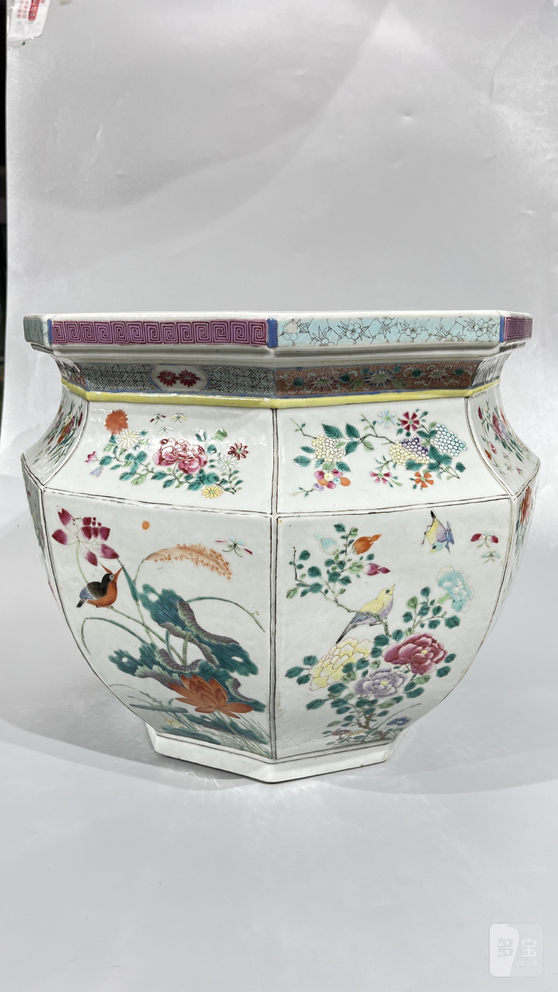 清 粉彩花卉纹八角缸 - 图4
